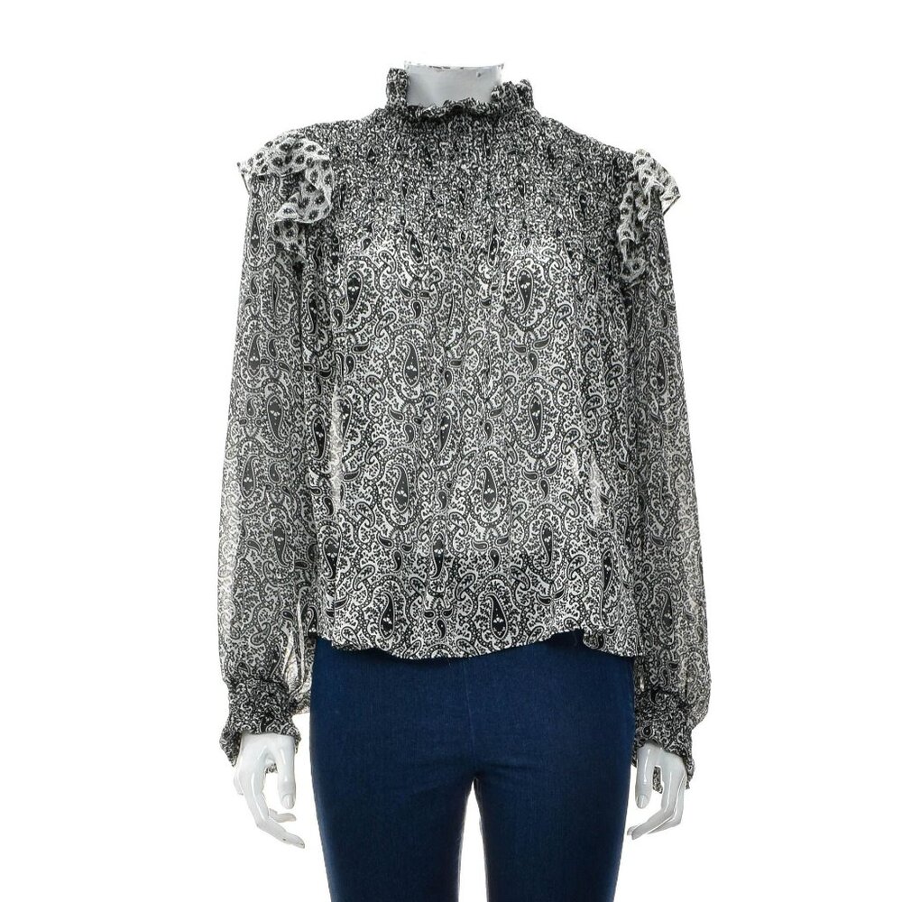 Zara Black & White Paisley Print Long Sleeve Smocked Blouse Size  XS